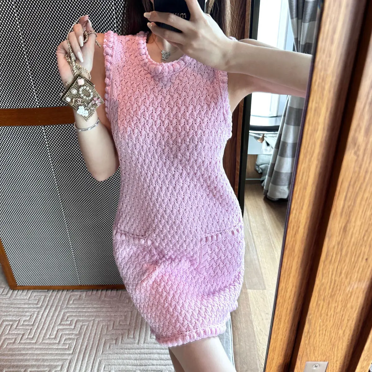 Summer New French Celebrity Hook Flower Sleeveless Pink Thin Tank Top Knitted Dress Women