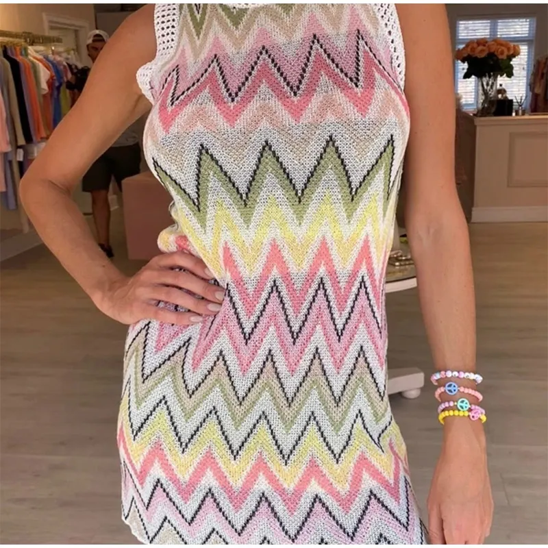 Summer Knit Mini Dress Women Rainbow Striped Dress Ladies Sleeveless Hollow Out Patchwork Sundress Fashion Casual Robe Femme