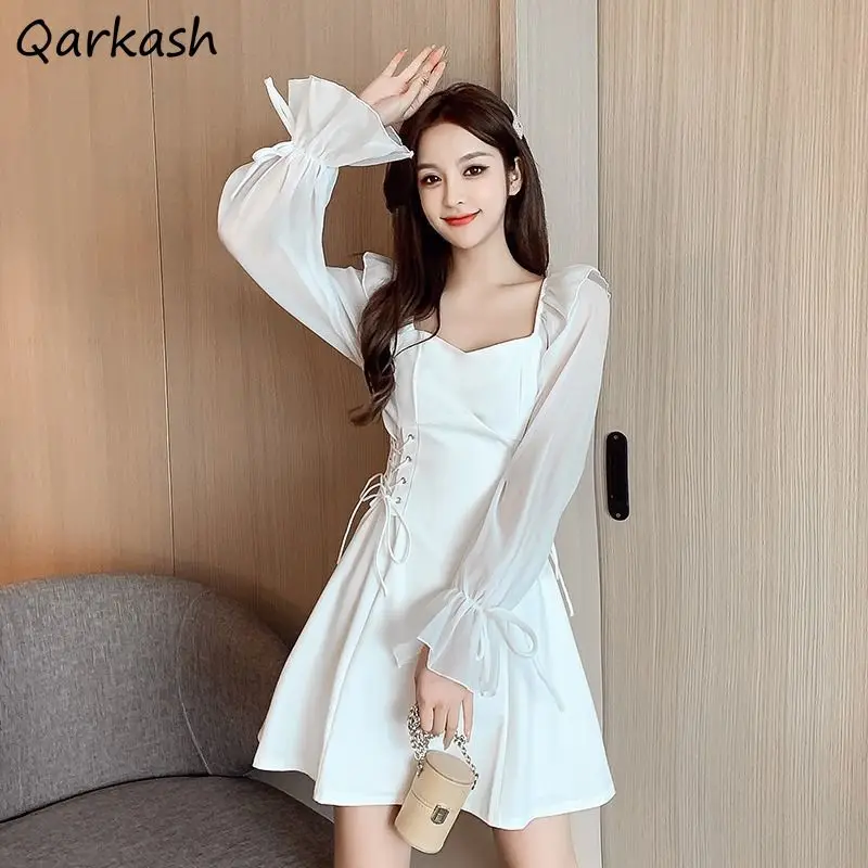 Dress Women Summer Temperament Square Collar Long Sleeve Chiffon Patchwork Slim A-line Sexy Bandage Tunic Fashion Streetwear Ins