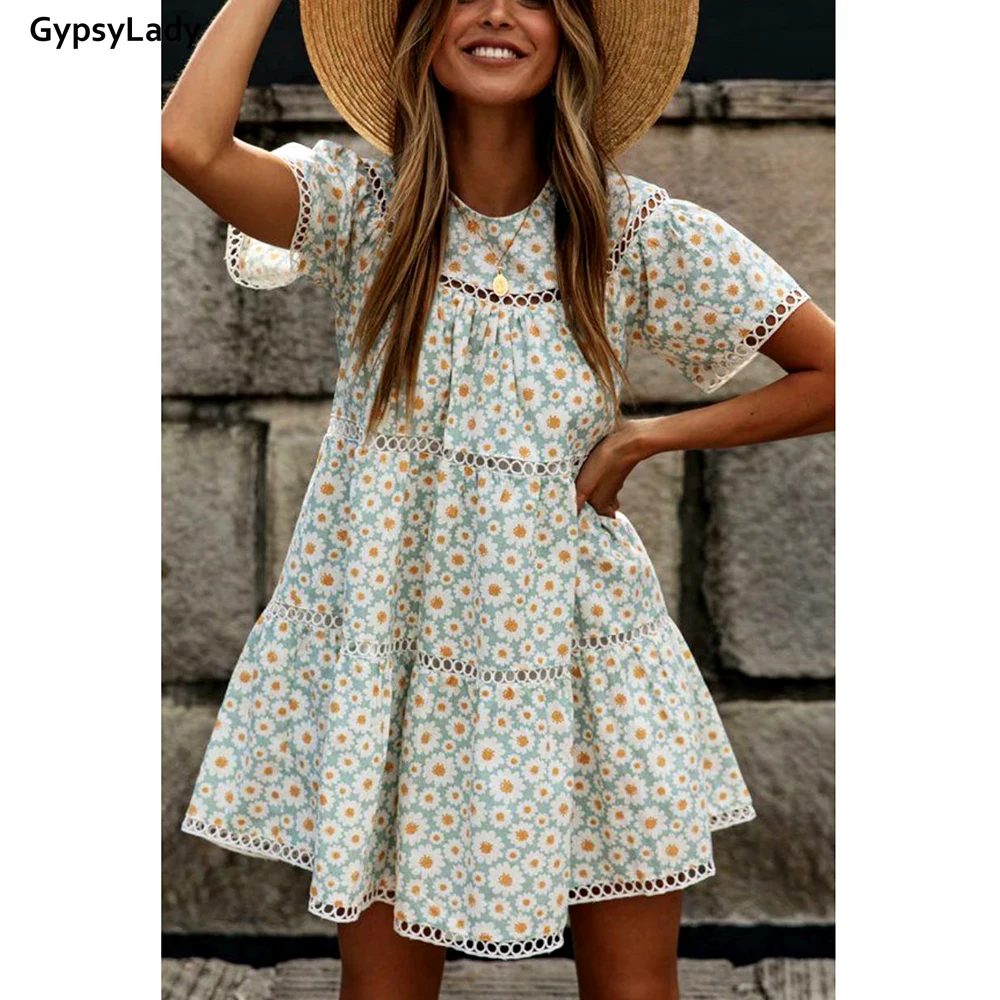 GypsyLady Daisy Floral Print Boho Mini Dress Summer Holiday Vintage Dresses for Women Ruffle Chic Ladies Hollow Out Casual Dress