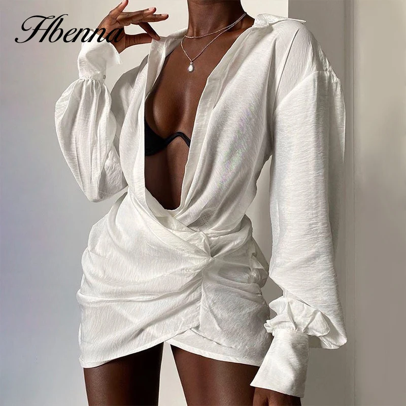 Hbenna Shirt Dress Women Cotton V-Neck Long Sleeve Mini Party Dresses Women Skinny Fashion Lady Elegant White Summer Dress 2021