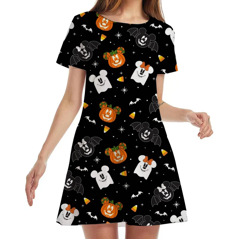 2022 Halloween New Ins Party Summer Sexy Club Disney Mickey and Minnie Print O Neck Short Sleeve Women's Knee Length Mini Dress