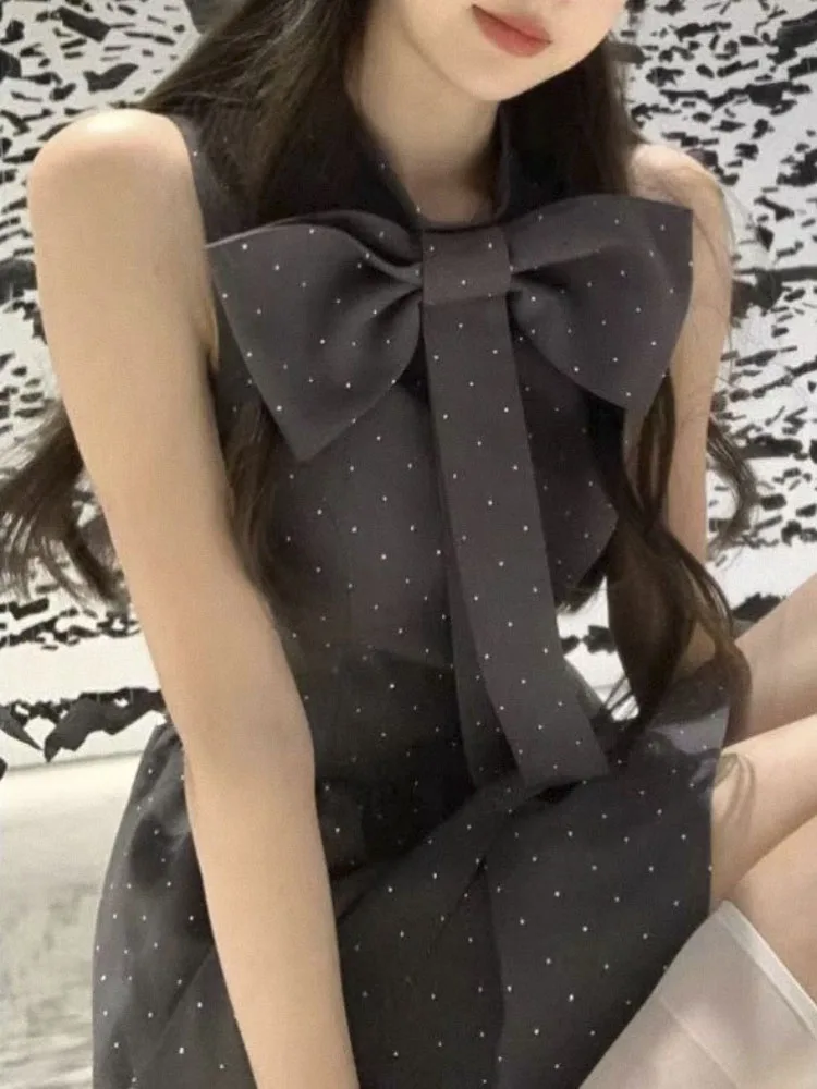 Women Bow Design Elegant Dress Casual Sweet Style Sleeveless O-Neck Dress Women Summer Dress