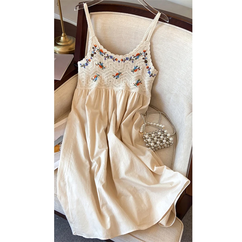 Bohemian Floral Embroidery Sleeveless Short Dress for Women Summer Sweet Crochet Lace Spaghetti Strap Holiday Dress AM5235