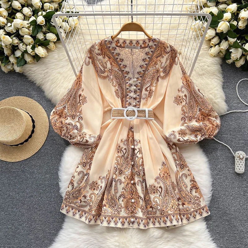 Bohemian Vintage Women Mini Dress French Style V Neck Flare Sleeve Button Belt High Waist Empire Summer Spring Pullover Vestido