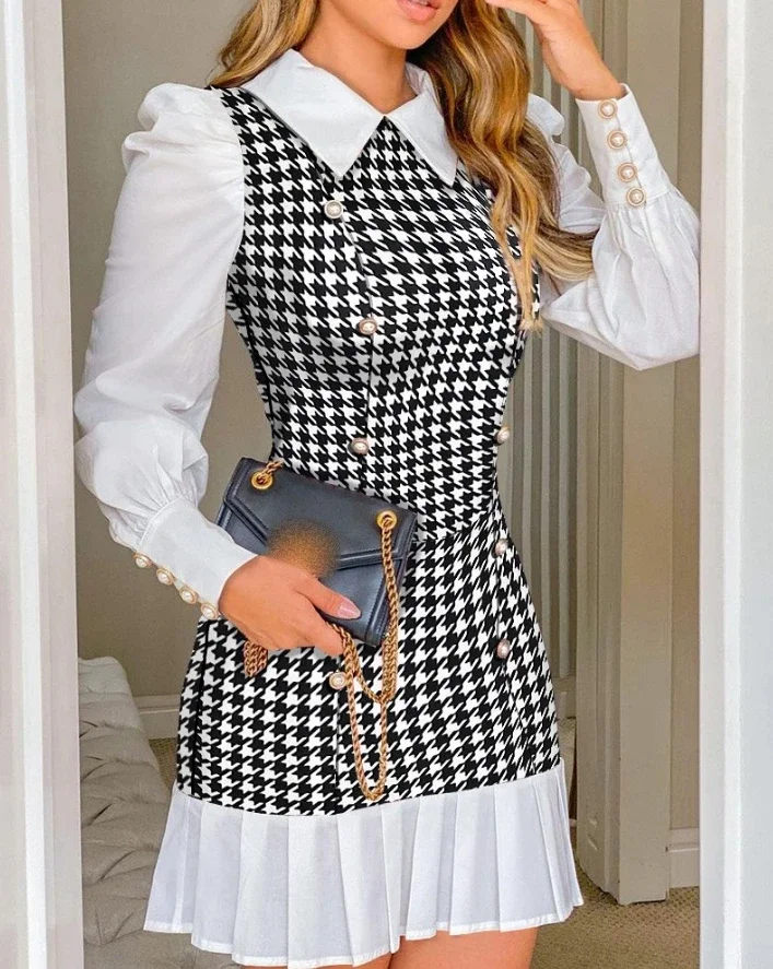 Womens Dresses 2024 Spring Fashion Houndstooth Button Decor Puff Sleeve Ruffle Hem Elegant Turn-Down Collar Daily A Line Dress