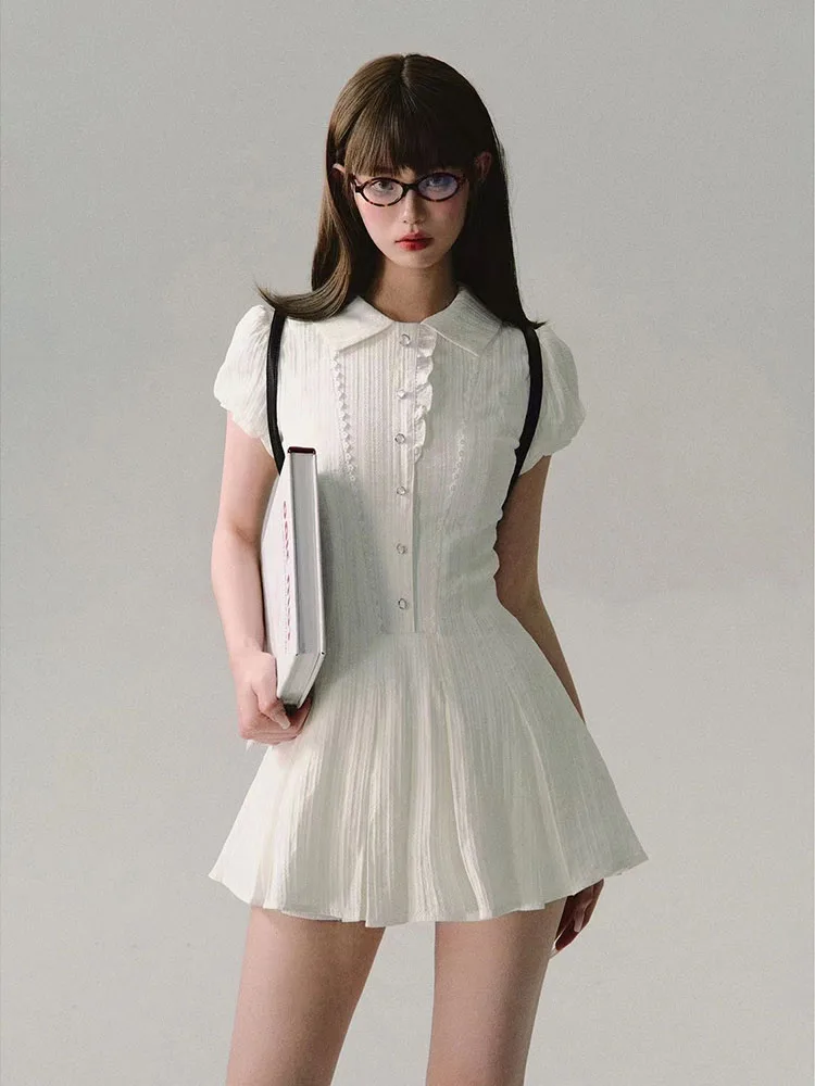 Preppy Style White Sweet Slim Mini Dress French Elegance Puff Sleeve Polo Collar Short Dresses Y2k Casual Summer Dress Girls