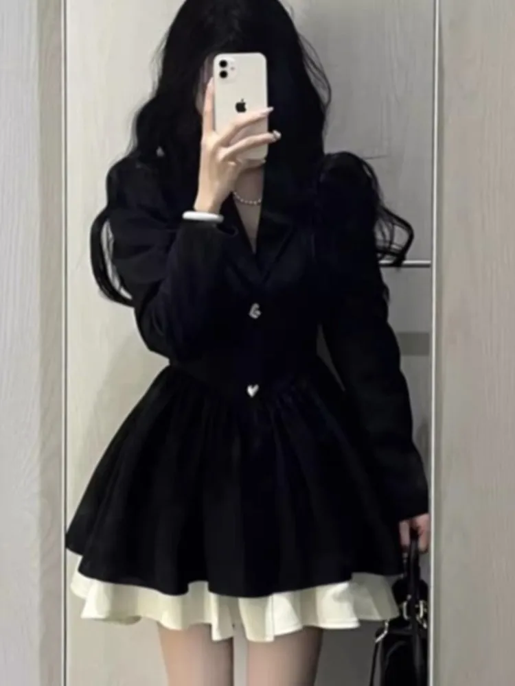 Korean Fashion Black Suit Dress Women Long Sleeve Lapel Autumn Spring Y2K Kawaii Birthday Party A-line Princess Vestidos Mujer