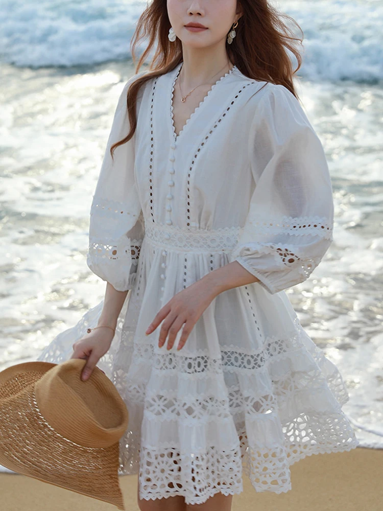 Gypsylady French Chic Embroidery Mini Dress White Lace Hollow Out Tiered Summer Spring Long Sleeve Women Dresses Ladies Vestidos