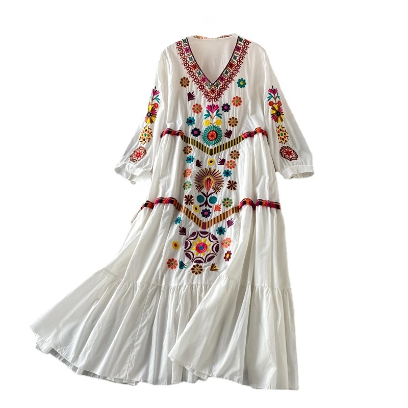 Vintage Women Dress Floral Embroidery Beach Dress Ladies Short Sleeve V-neck Cotton And Linen Boho Dresses Summer