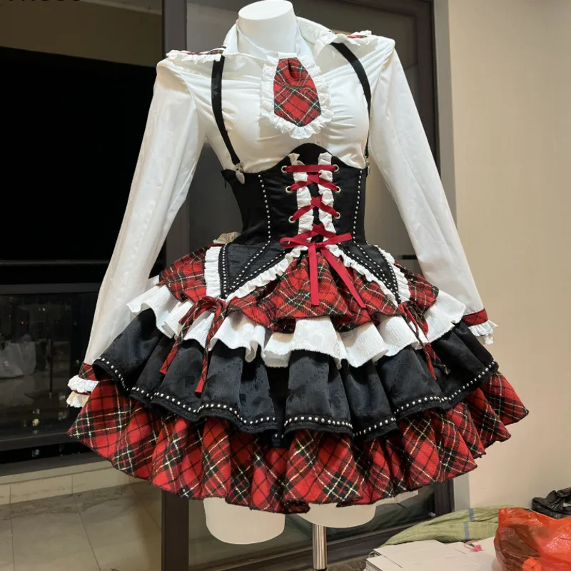 Plaid Patchwork Design Y2k Lolita Dress Sets Halloween Uniform Kawaii Mini Skirt Cosplay Anime Three Pieces Suit For Women