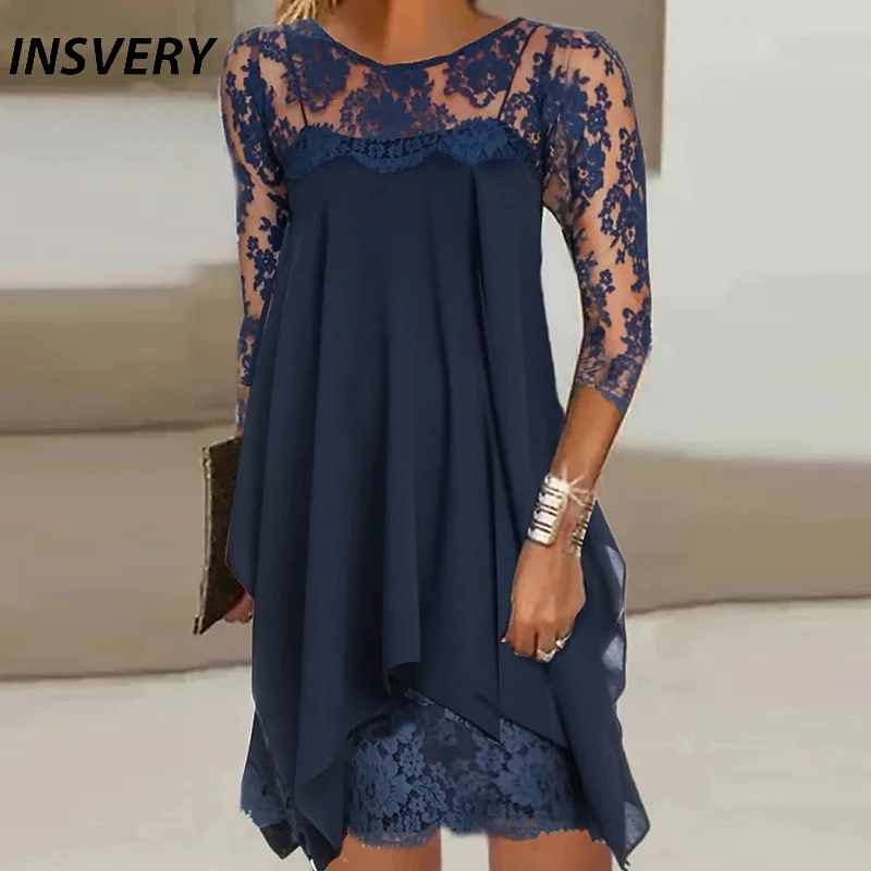 Elegant Party Dress Women O Neck Lace Patchwork Mini Dresses For Women Fashion 3/4 Sleeve Loose Dress 2023