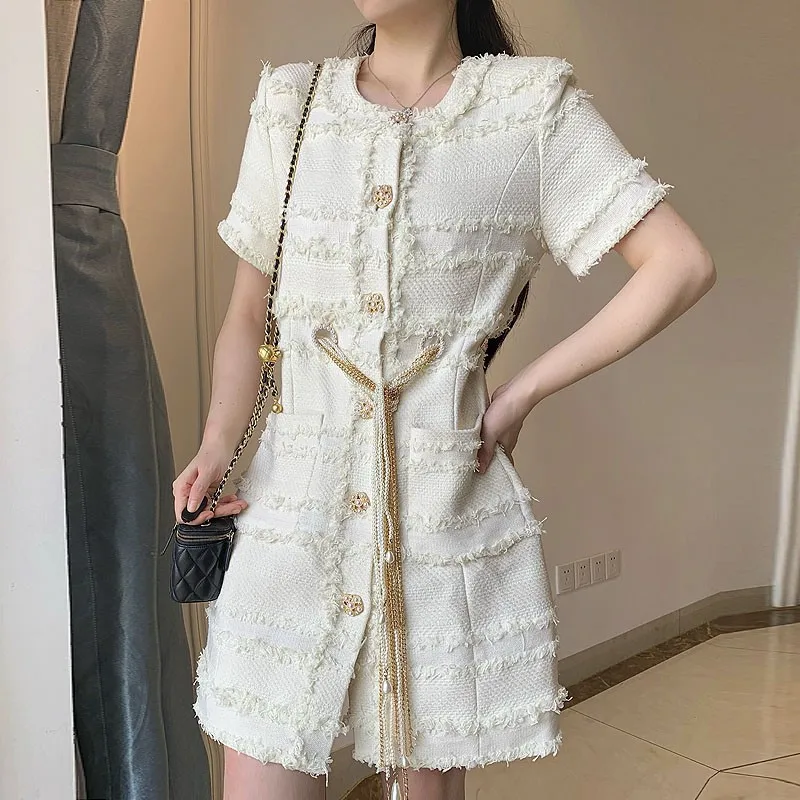 High Quality Fall Winter Fashion Women 2024 Cashmere Braid Tweed Button Pocket Pearls Chains Tassel Spliced Elegently Mini Dress