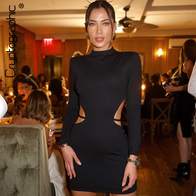 Cryptographic Sexy Backless Bandage Mini Dress Elegant Outfits for Women Party Club Long Sleeve Bodycon Dresses In Black Vestido