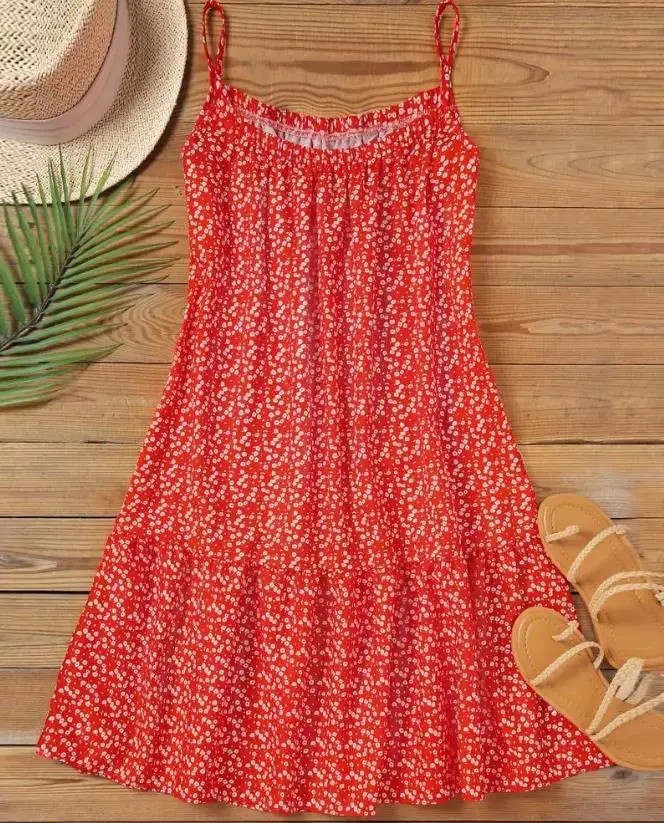 Women's Dress 2023 Summer Fashion New Ditsy Floral Print Ruffle Hem Casual Mini Sling Dresses Little Fresh and Sweet Style