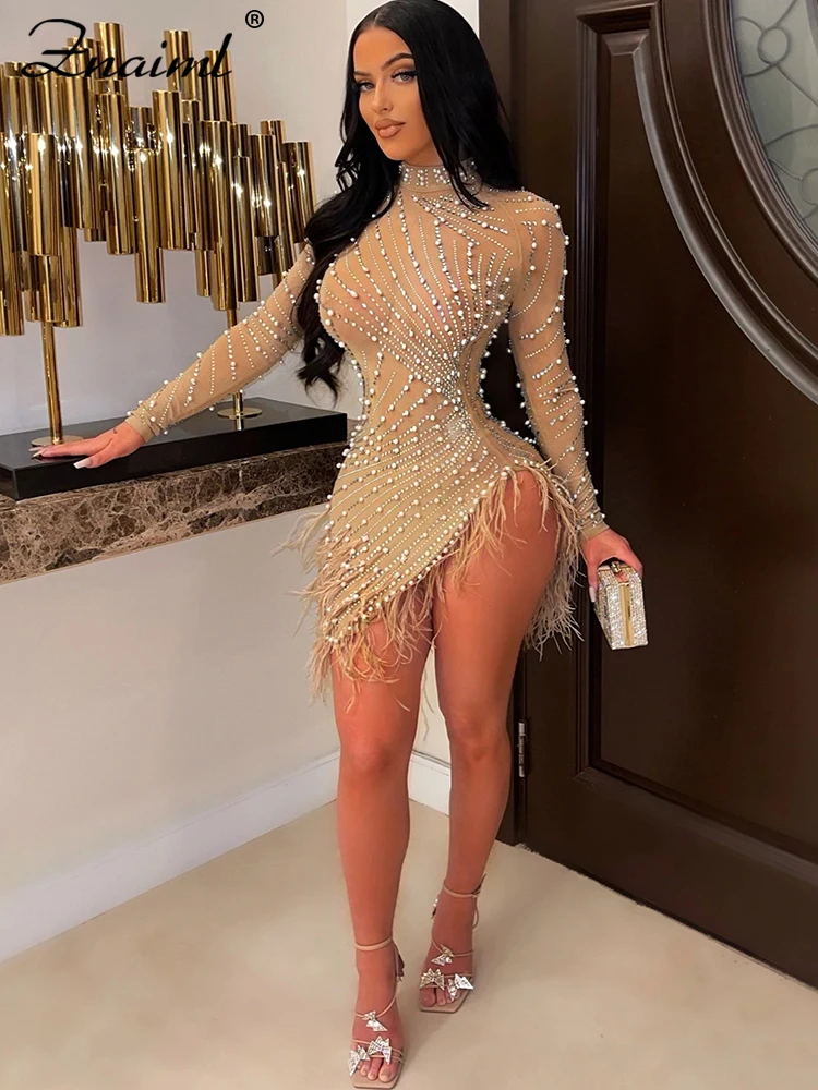 Znaiml Luxury 2023 Evening Celebrity Feathers Sheer Mesh Short Dresses for Women Sexy Pearls Rhinestones Party Birthday Vestidos