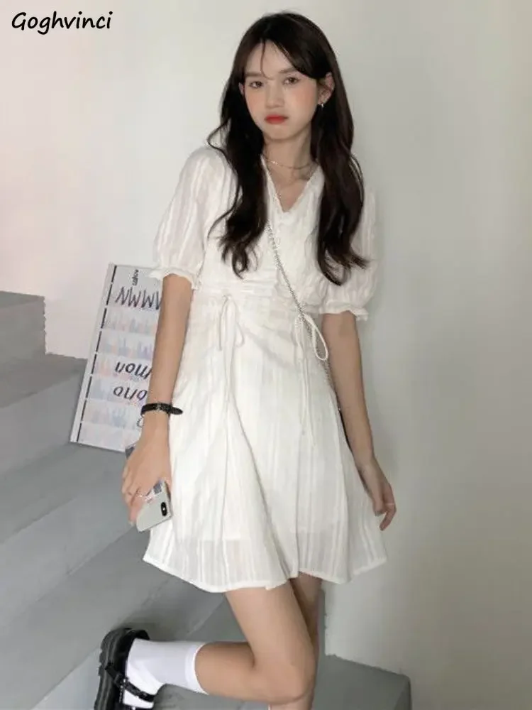 White Mini Dresses Women Puff Sleeve Sweet Bandage Pleated French Style Simple Classic Fashion Princess Casual Summer Harajuku