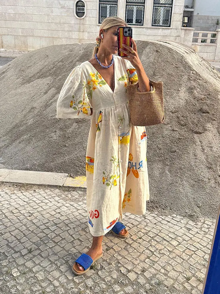 Fashion Print Cotton Linen Maxi Dress Women Casual Short Sleeves V-neck Loose Vestidos 2024 Female Chic High Streetwear