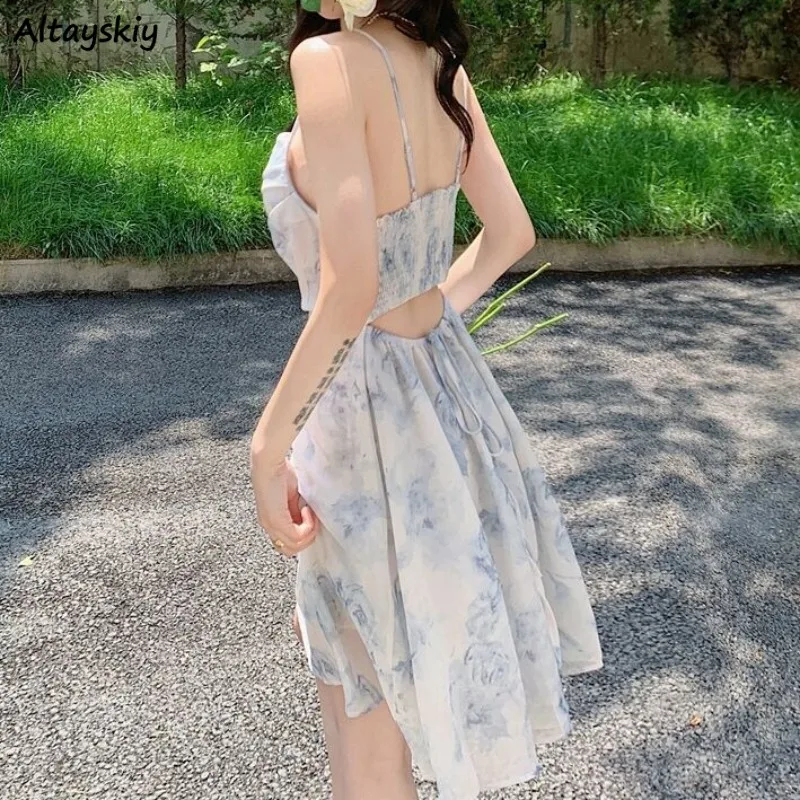 Backless Dresses for Women Thin Summer Young Girls Clothing New Niche Design Mesh Sleeveless Breathable Soft Mini Fit Printing