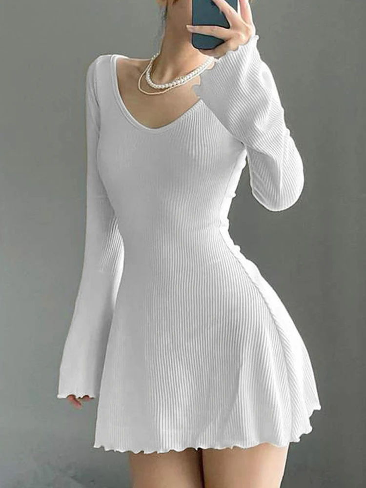 Knitted y2k Dress for Women 2024 Solid U Neck Backless Sexy Long Flared Sleeves Basic Slim Mini A-Line Dress