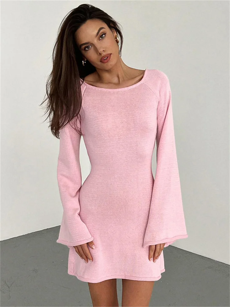 Tossy Backless Knitwear Lace-Up Mini Dress Female Fashion Long Sleeve Loose Holiday Beach High Waist Dress Knit Women Dress 2023