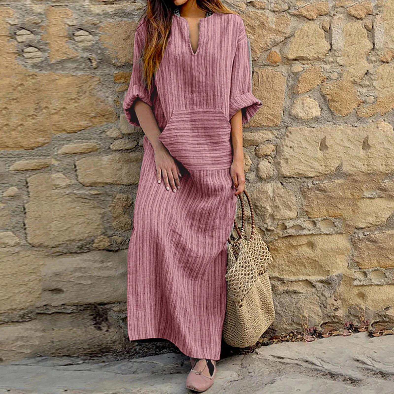 Summer Long Dress Cotton Linen Casual Dresses 2023 New Striped Loose Maxi Dress Sundress Vacation Clothes For Women