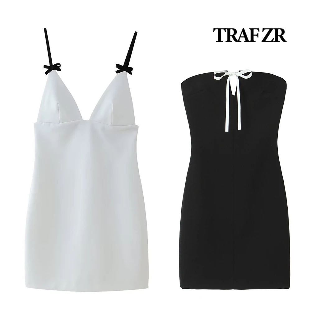 TRAF ZR Elegant Women Dresses with Bow Mini Dress Outfits Backless Fashion Summer Dresses 2024 O-NECK High Street Sleeveless