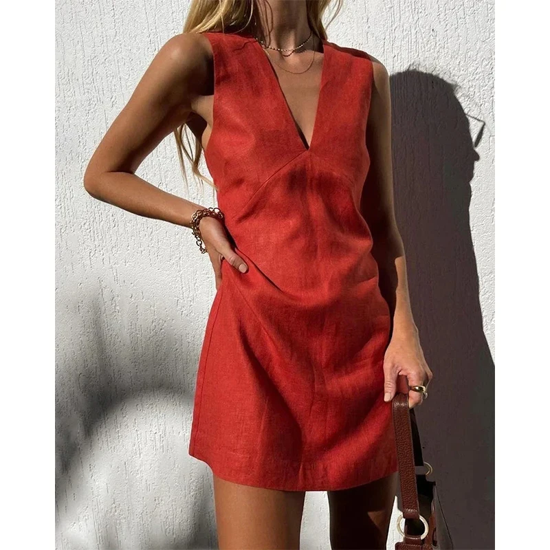 Vintage Linen Women's Dress Summer 2024 Sexy V-neck Short Beach Streetwear Dresses Mini Female Clothing Sundress Vestido