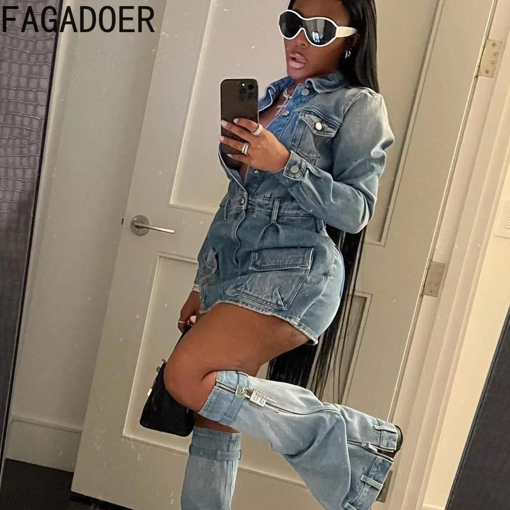 FAGADOER Fashion Button Long Sleeve Denim Mini Dress Women Turndown Collar Pocket with Leg Cover Clothing Female Cowboy Vestidos