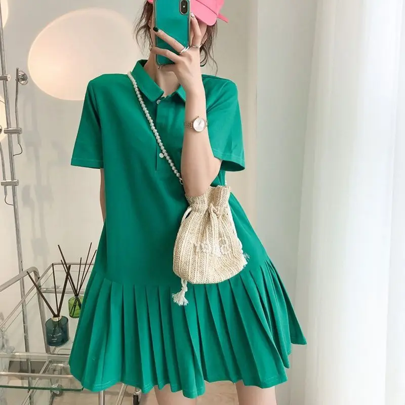 Summer New Loose Pleated Skirt Short Sleeve Polo Neck All-match Solid Color Plus Size Mini Dress Casual Fashion Women Clothing