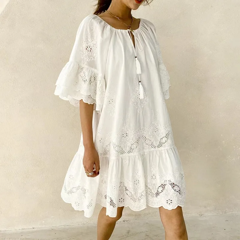 2024 Spring Summer Short Dress Solid Color Cotton Loose Waist White Lace Pullover Vacation Style Dress