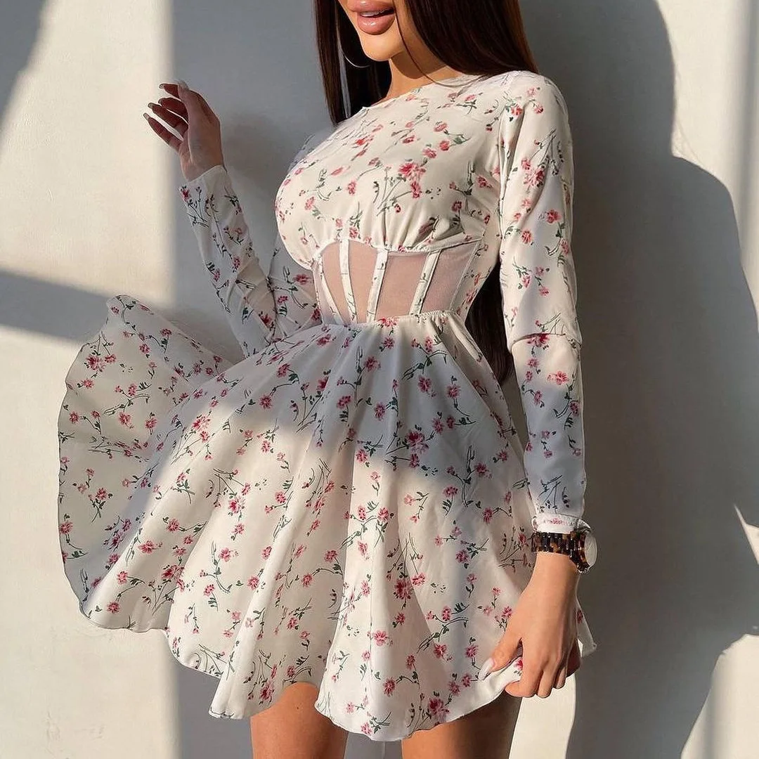 Flower Print Tunic Mini Dress Summer Women O Neck Long Sleeve A Line Robe Femme Mesh Patchwork Vestidos Elegant Ladies Dresses