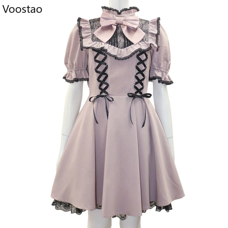 Sweet Lolita Ribbon Party Dress Japanese Women Gothic Bow Lace Ruffles Bandage Y2k Mini Dresses Vintage Cute Puff Sleeve Dress