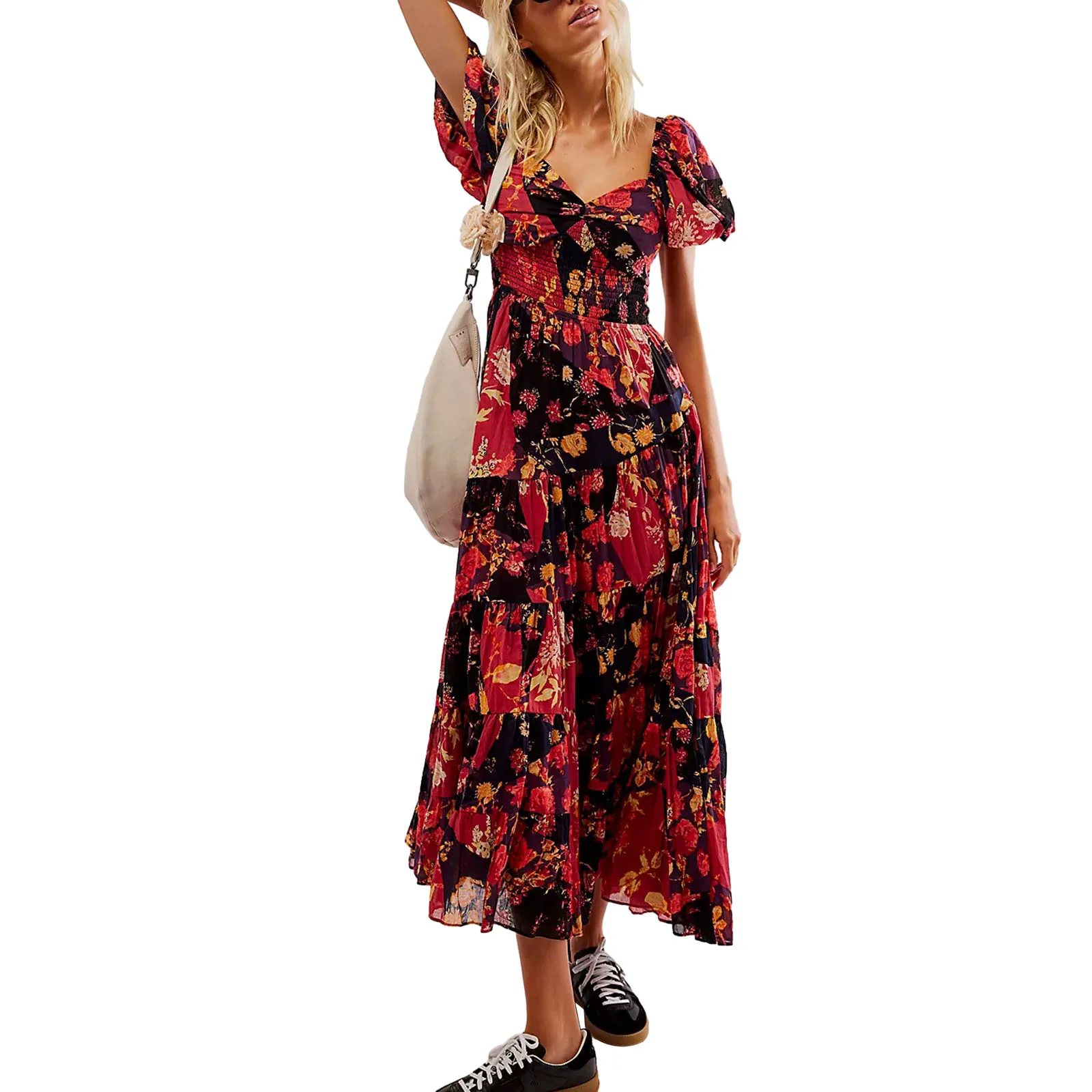 Women's Short Puff Sleeve Long Dress Summer Open Back Flower Print Sundress Sweetheart Neck Tunic Waist A-Line Dress Clothing