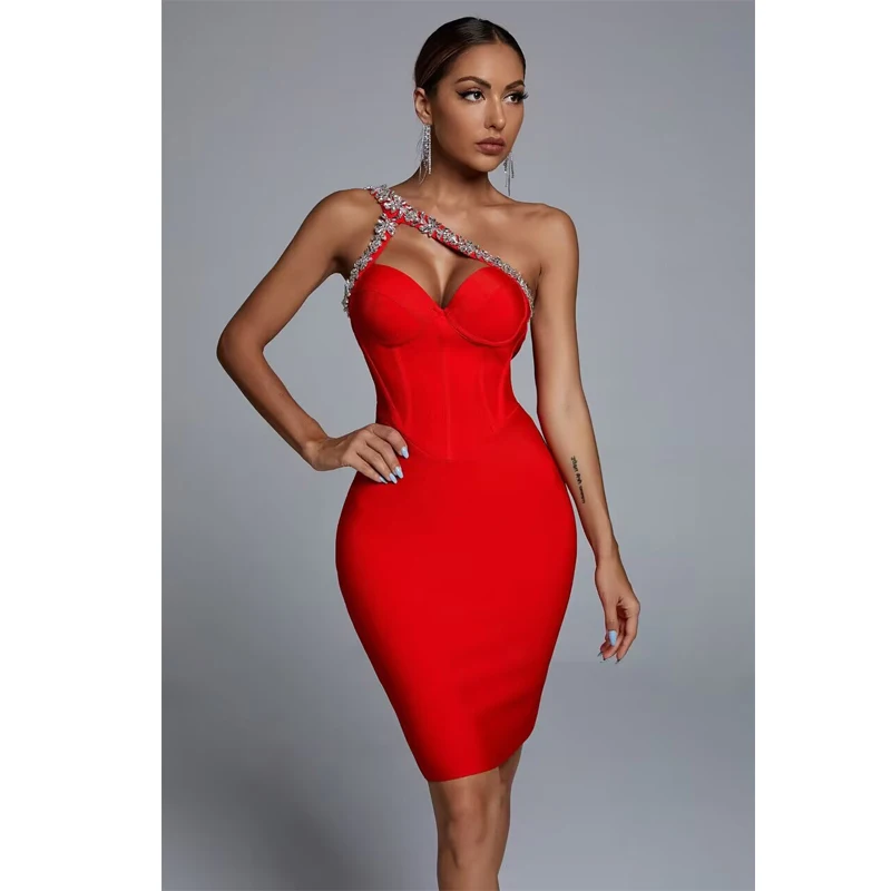 Summer Sleeveless Backless Diamond One Shoulder Diamond Mini Bandage Bodycon Celebrity Nightclub Party Women's Sling Dresses