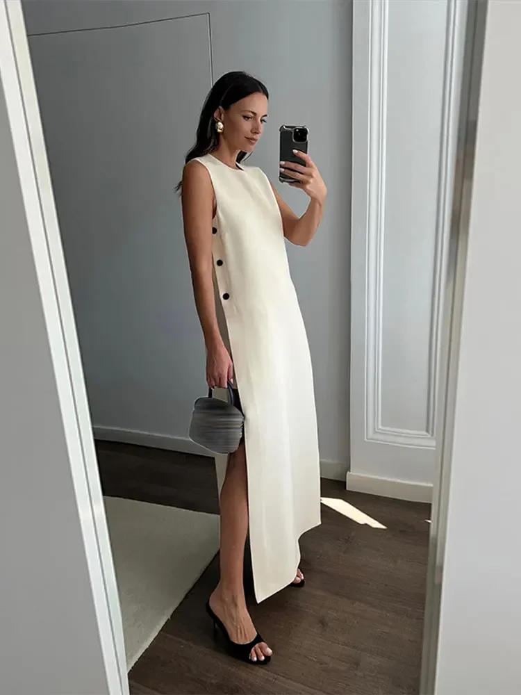 2024 Summer Elegant White Maxi Dress Women Solid O-neck Sleeveless Button Split Dresses Female Beach Vacation Party Vestidos