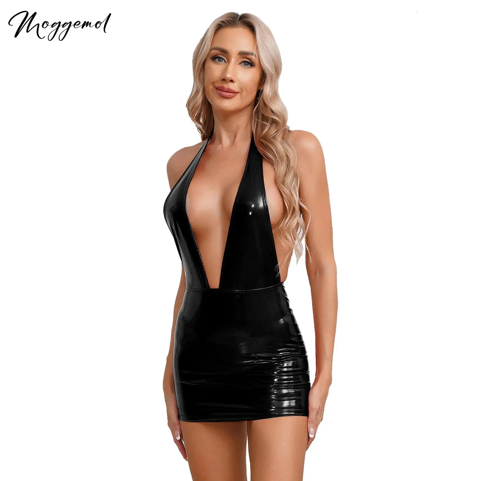 Women Sexy Deep V Backless Rave Dress Wet Look Patent Leather Bodycon Minidress Nightclub Pole Dancing Clubwear Party Disco