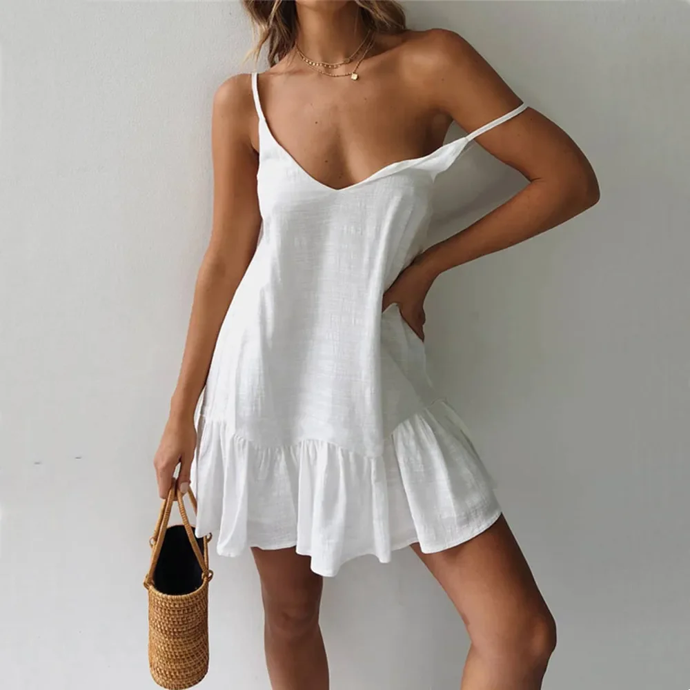 Dress Women Sexy Spaghetti Strap Ruffle Summer Dress 2024 Cotton Linen Vestidos Green Dresses Off Shoulder Sexy Mini Sundress