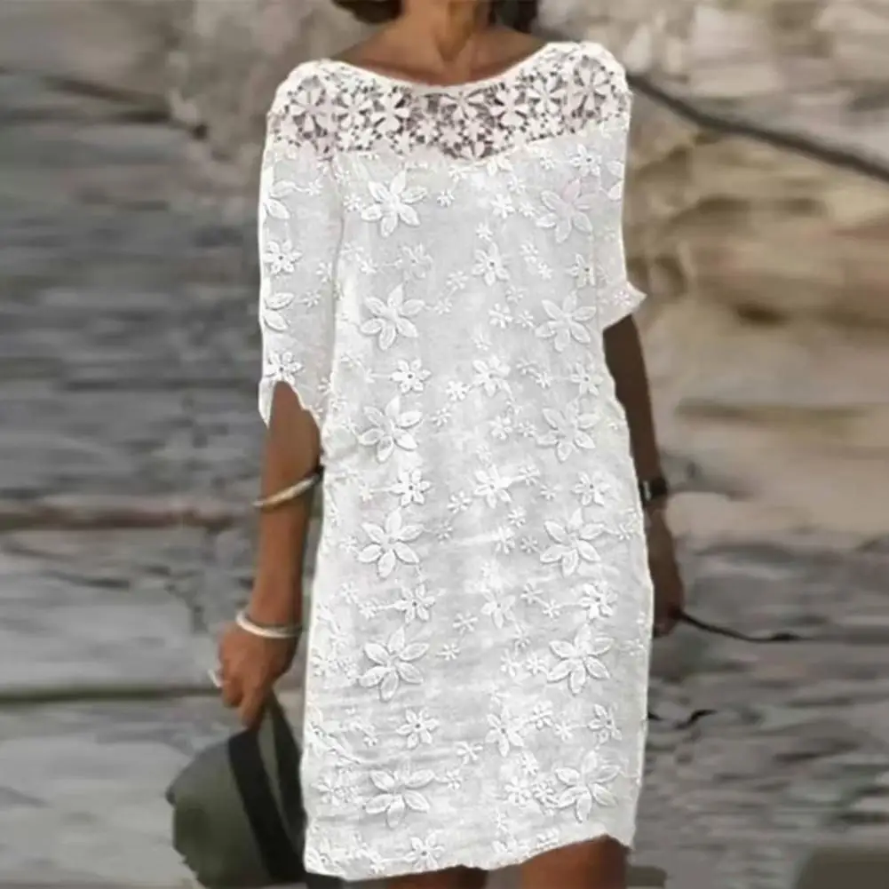 Women Sexy Dress White Hollow Lace Dress Short Sleeve Loose Midi Dresses 2023 Summer Casual Women's Casual Dress Vestidos Robe