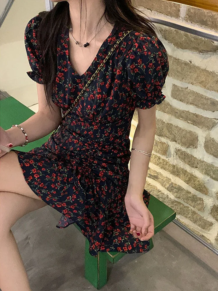 Women Dress Floral Print Summer Short Sleeve Y2k Harajuku Vintage Korean Fashion Beach Mini Party Sexy Evening Female Clothing