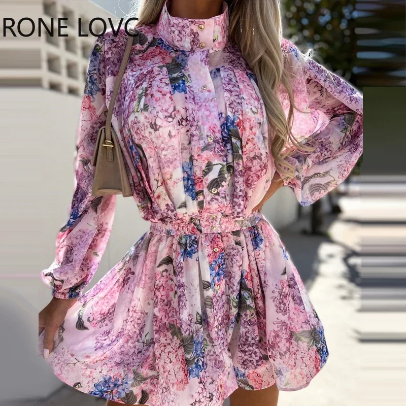 Women Chic Floral Print Turtleneck Button Long Sleeves Spring&Autumn Mini A-line Sexy Chiffon Party Dress